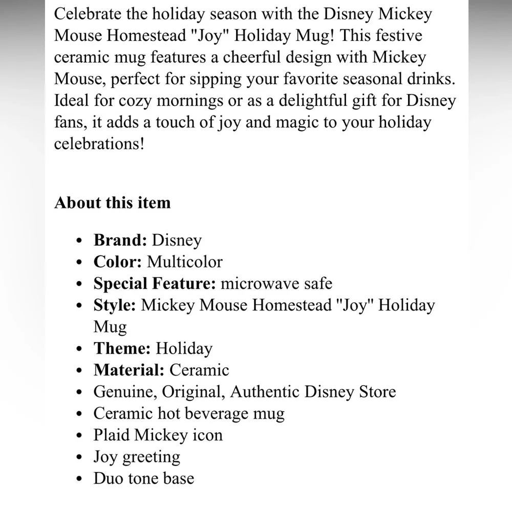 Disney Mickey Mouse Homestead ''Joy'' Holiday Mug-sold‎ out everywhere